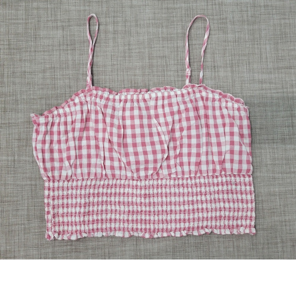 American Eagle Red Gingham‎ Smocked Crop Top Cami Womens Large NWT